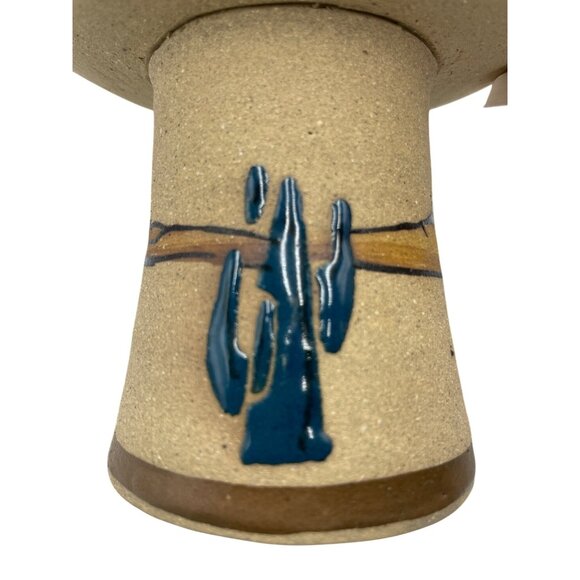 Handcrafted Pottery Candle Holder Painted Desert Motif & Cactus Southwest Design - Picture 2 of 14